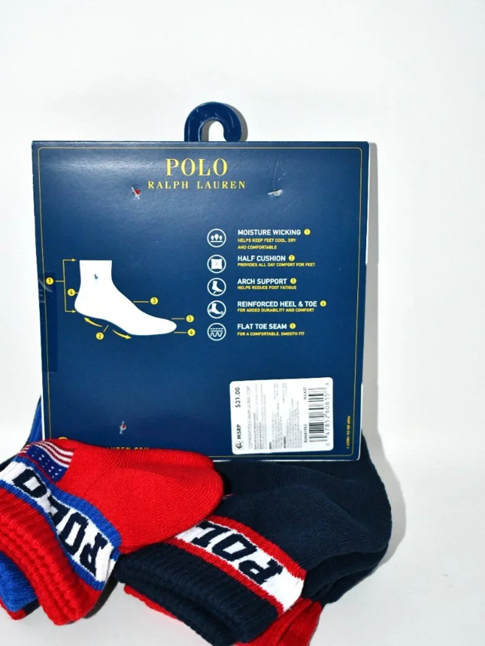 Polo Ralph Lauren 6-pack quarter length socks Rugby stripes w flag & USA #824681
